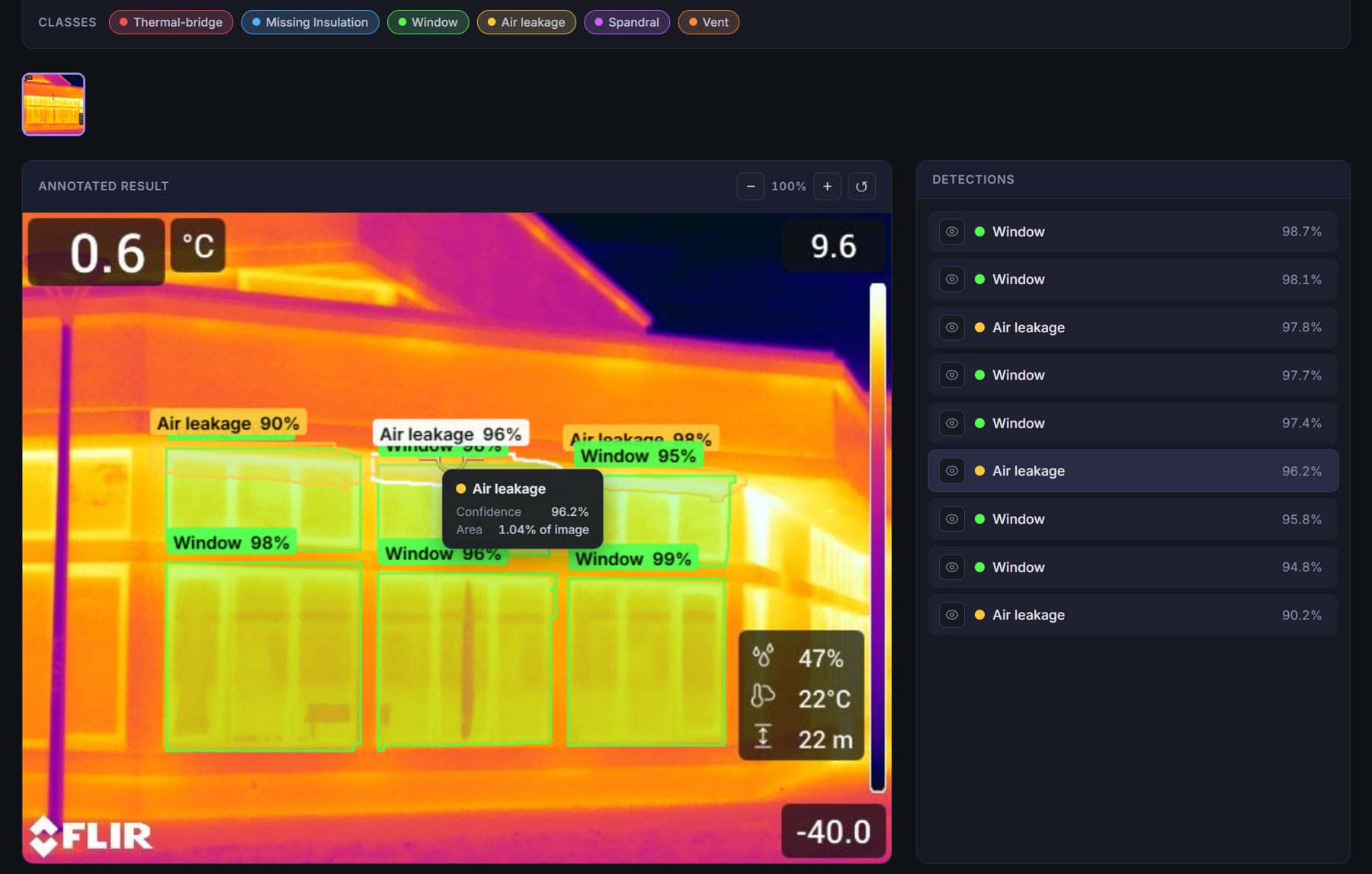 Web application detection interface showing segmented thermal anomalies with confidence controls